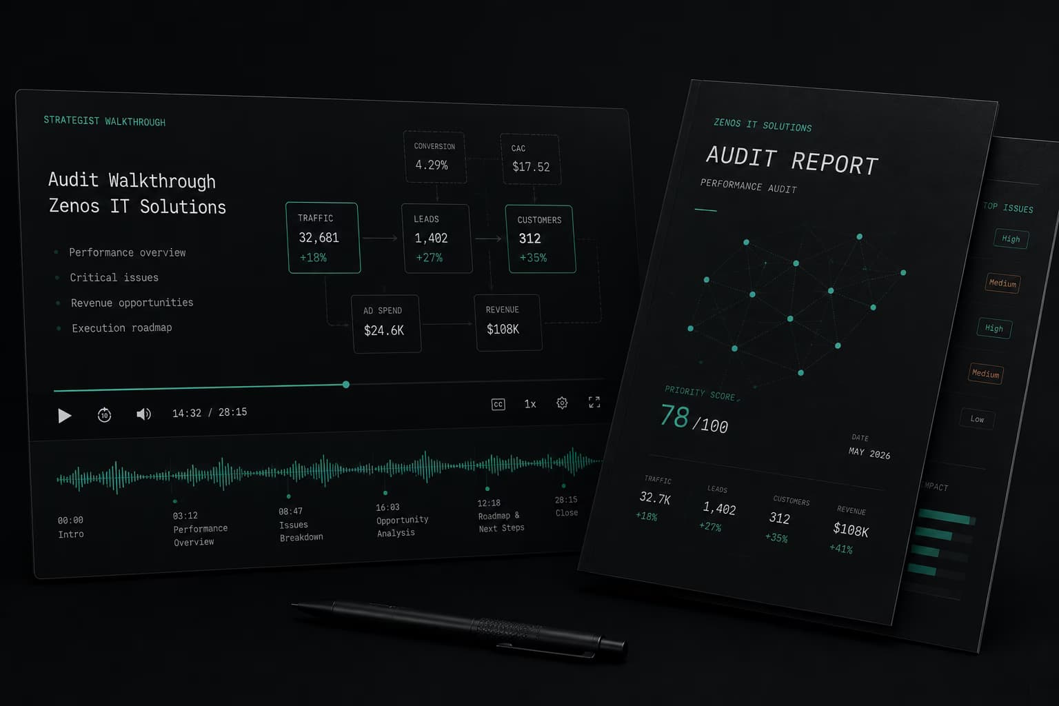 Stylized audit deliverable preview — Loom strategist walkthrough and prioritized PDF report